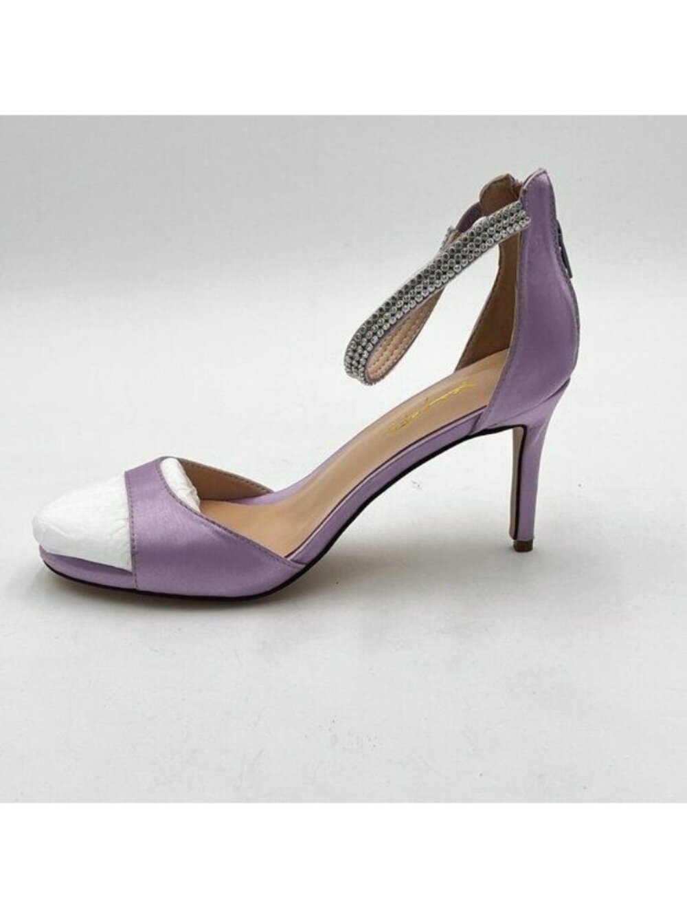 XYD Women's Open Toe Rhinestones Ankle Strap Sandals Mid Heel Back Zip Satin